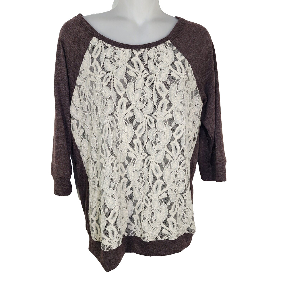 NY Collection Womens Top Large Brown Lace Overlay 3/4 Sleeve Round Neck Stretch